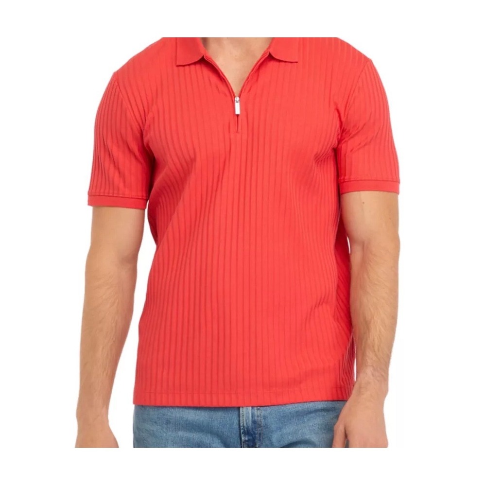 Perry Ellis Mens XXL Red Ribbed Quarter Zip Polo Shirt Short Sleeve Knit Top